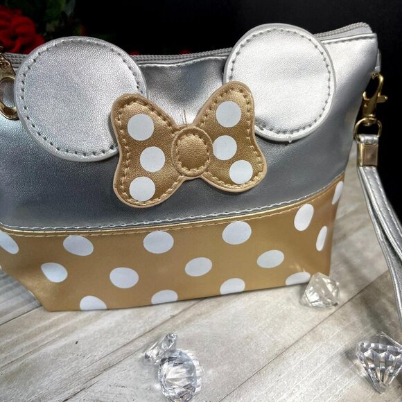 Minnie Mouse Cosmetic Bag Polka Dot Bow Wristlet Make Up Tote Travel Purse - Picture 2 of 14